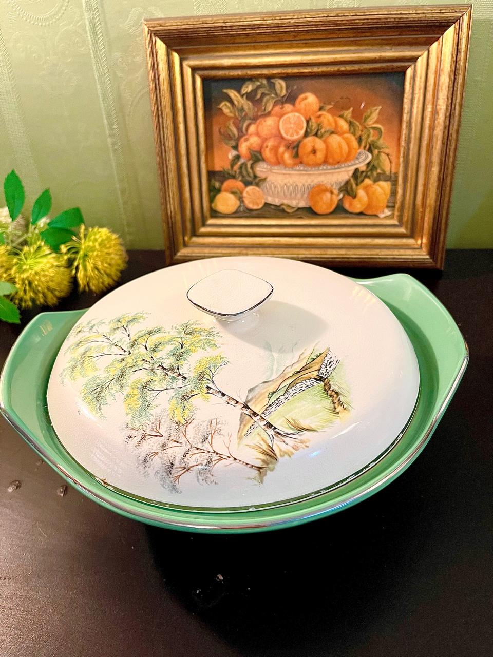 Vintage Covered Serving Dish with Lid Green Trim 22cm