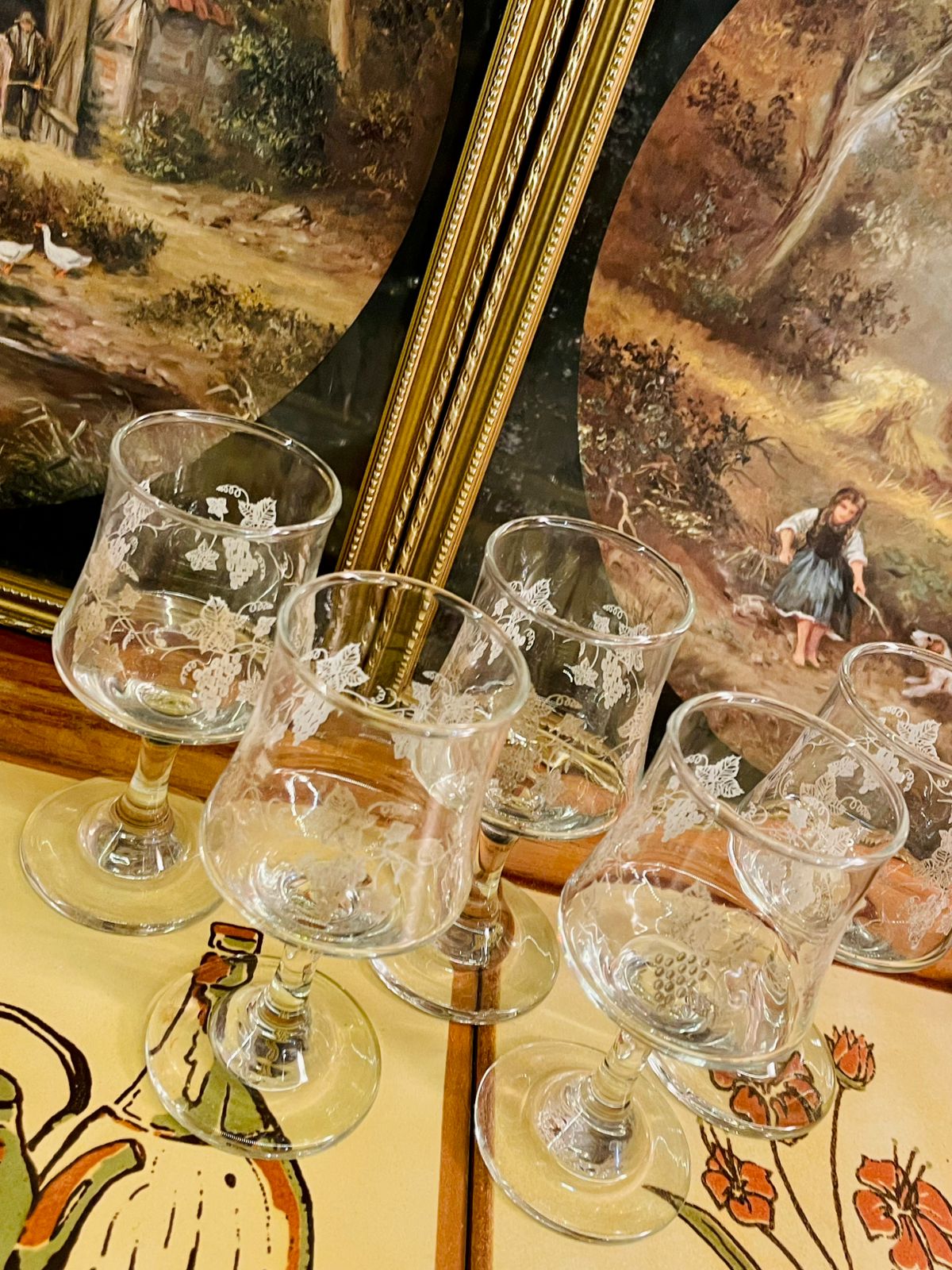 Set of 5 Etched Stem Dessert Glasses – Grape & Vine Pattern – Vintage Clear Glass