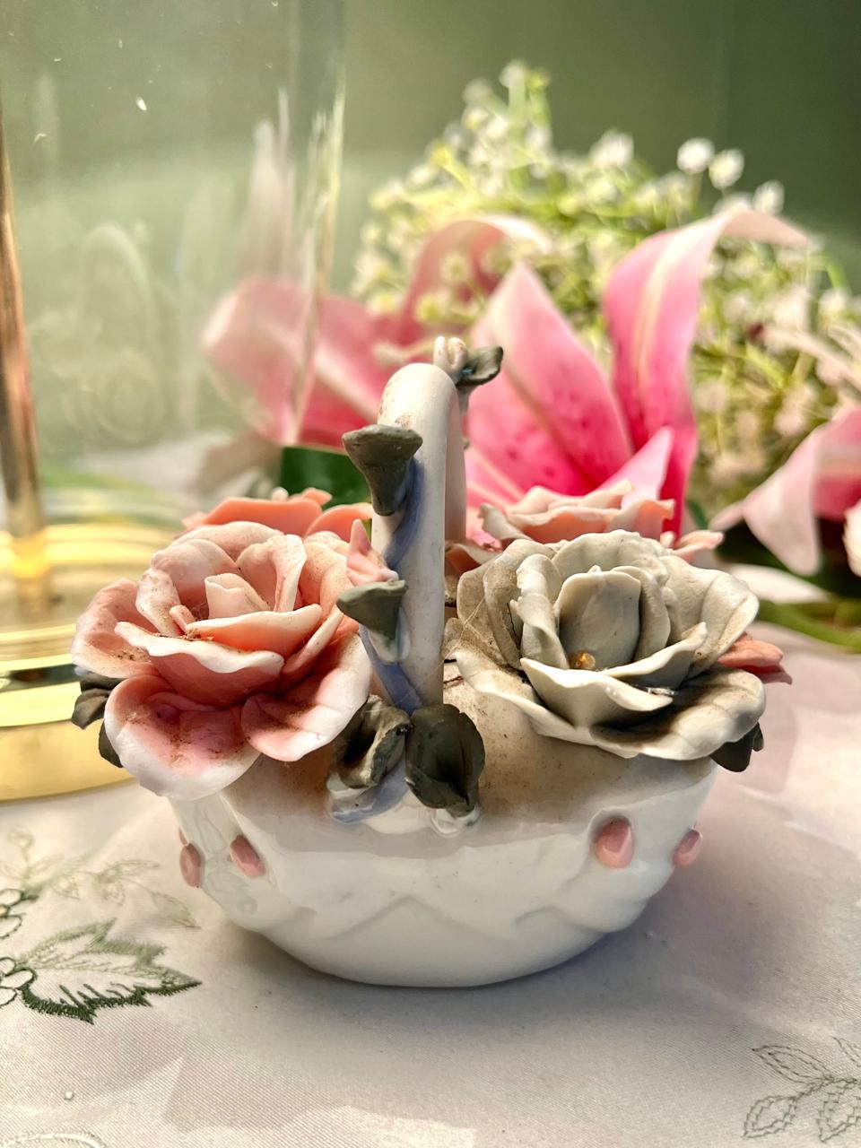 Floral Ceramic Basket with Sculpted Roses 4"