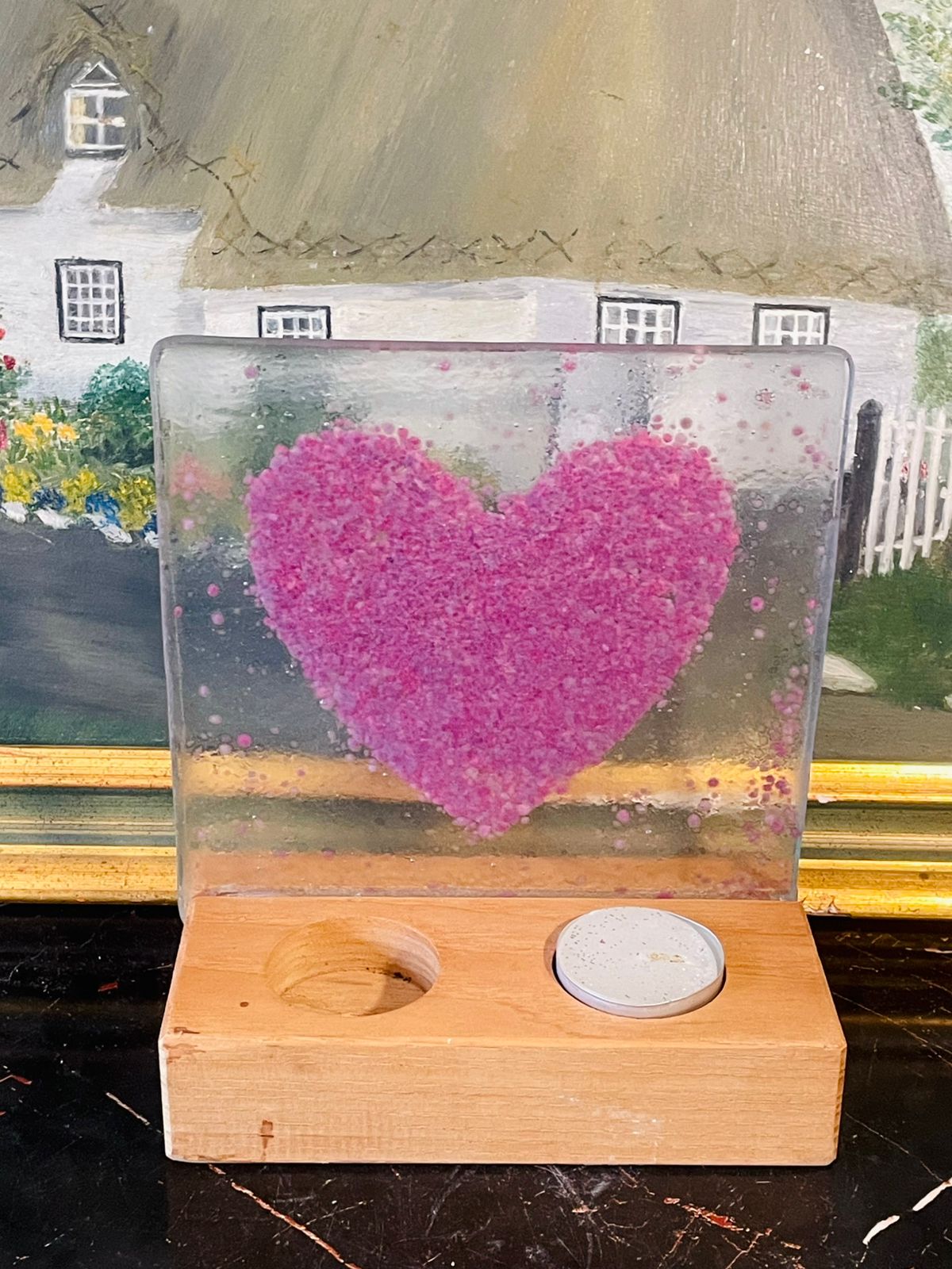 Handcrafted Glass Heart Light Block – Pink Fused Art on Wooden Base