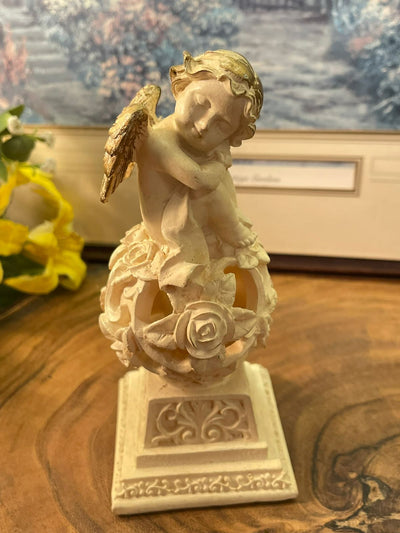 Vintage Cherub Angel on Rose Globe Figurine