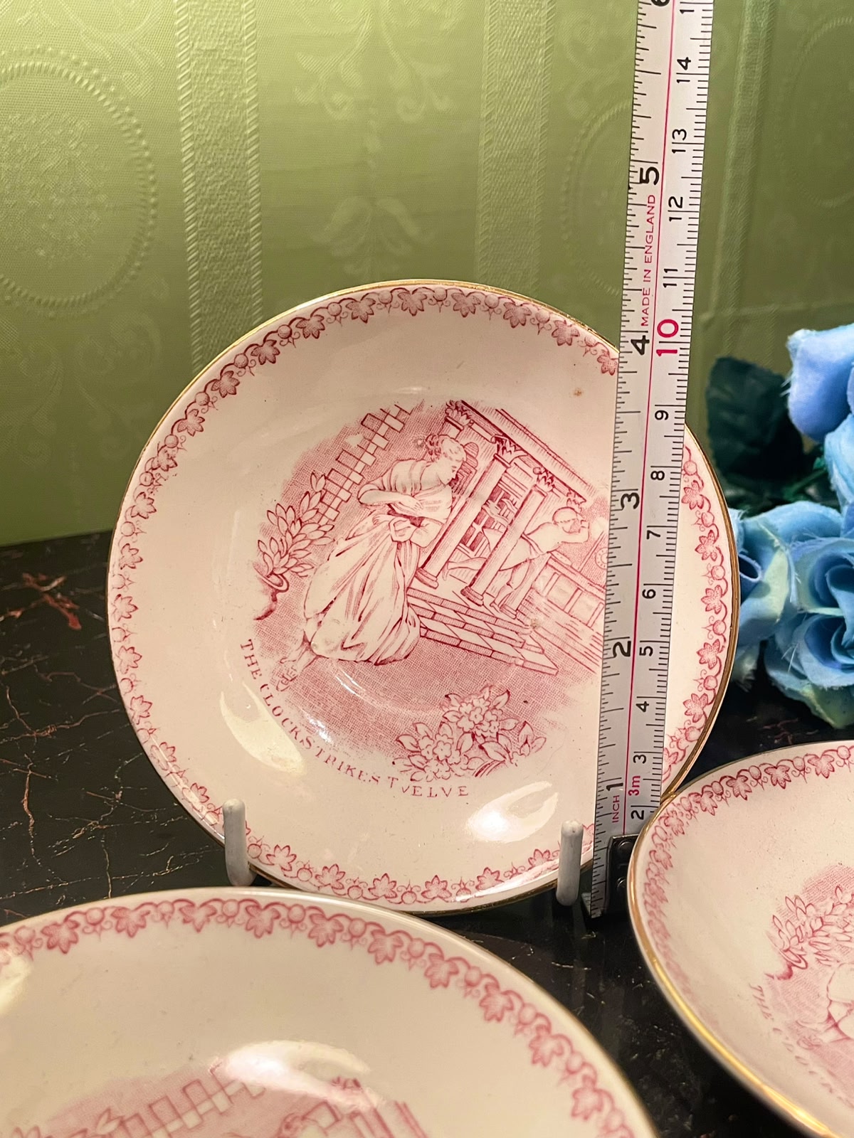 Vintage Pink Transferware Nursery Rhyme decor plate The Clock Strikes Twelve, 4in