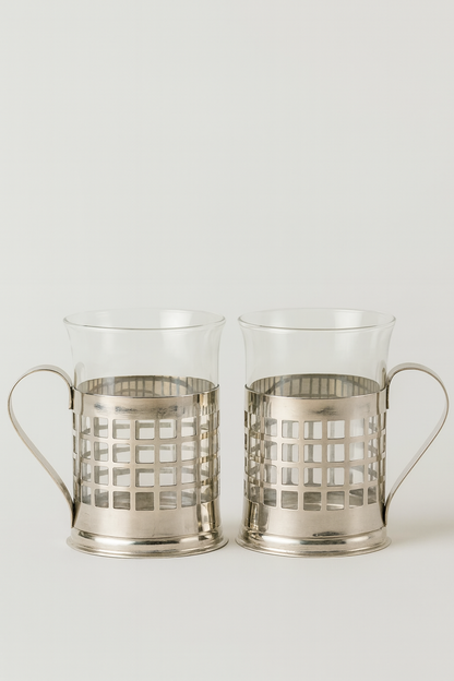 Set of 2 Vintage Glass Mugs in metal holder England