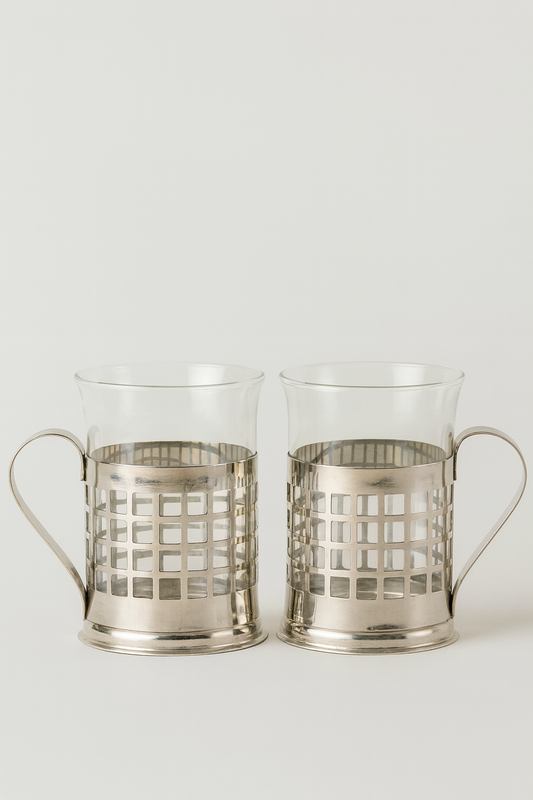 Set of 2 Vintage Glass Mugs in metal holder England