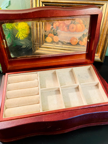 Vintage Wooden Glass Top Jewelry Box 4" Tall Display Storage Case