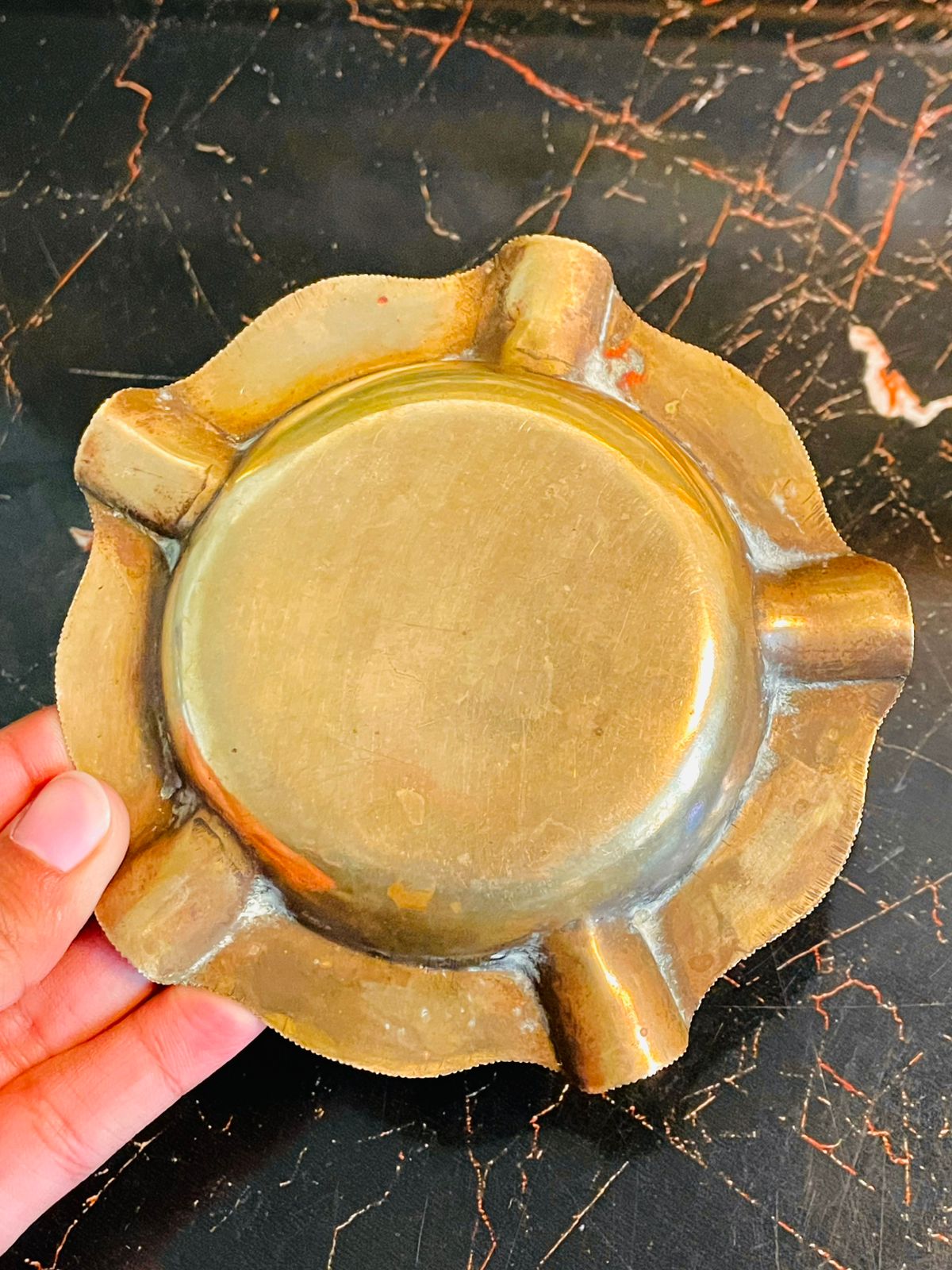 Vintage Solid Brass Ashtray – Rustic Patina – Round Sculpted Design