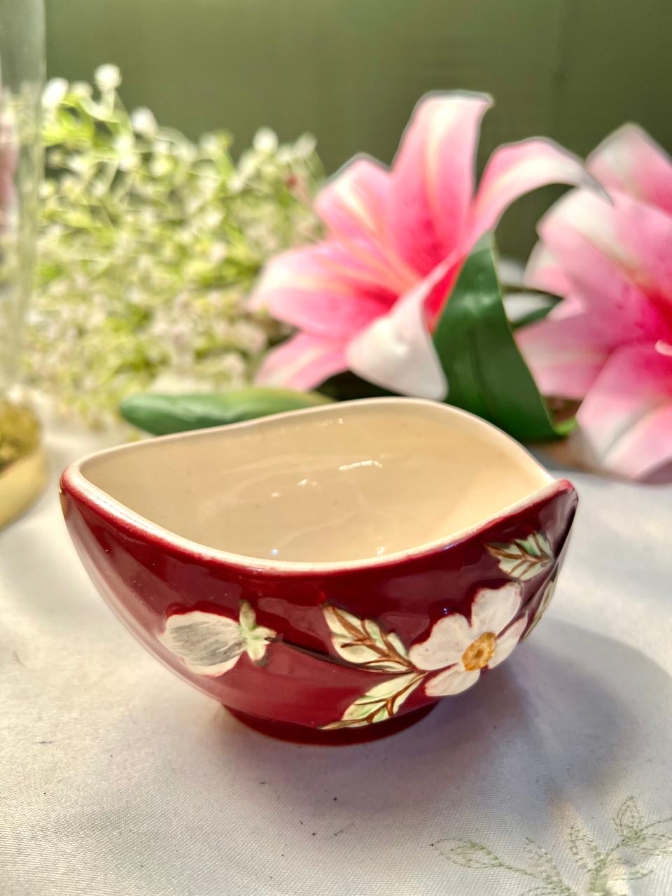 Vintage Hand Painted Burgundy Floral Ceramic Mini Bowl – 10cm