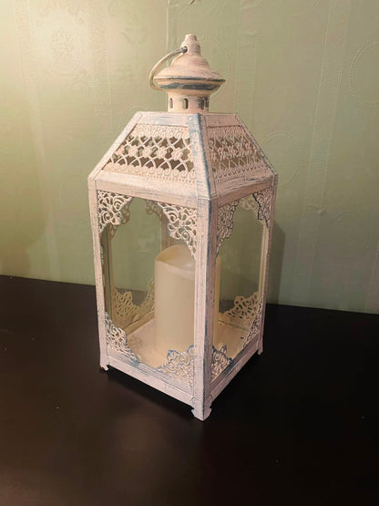White Vintage-Style LED Lantern with Candle