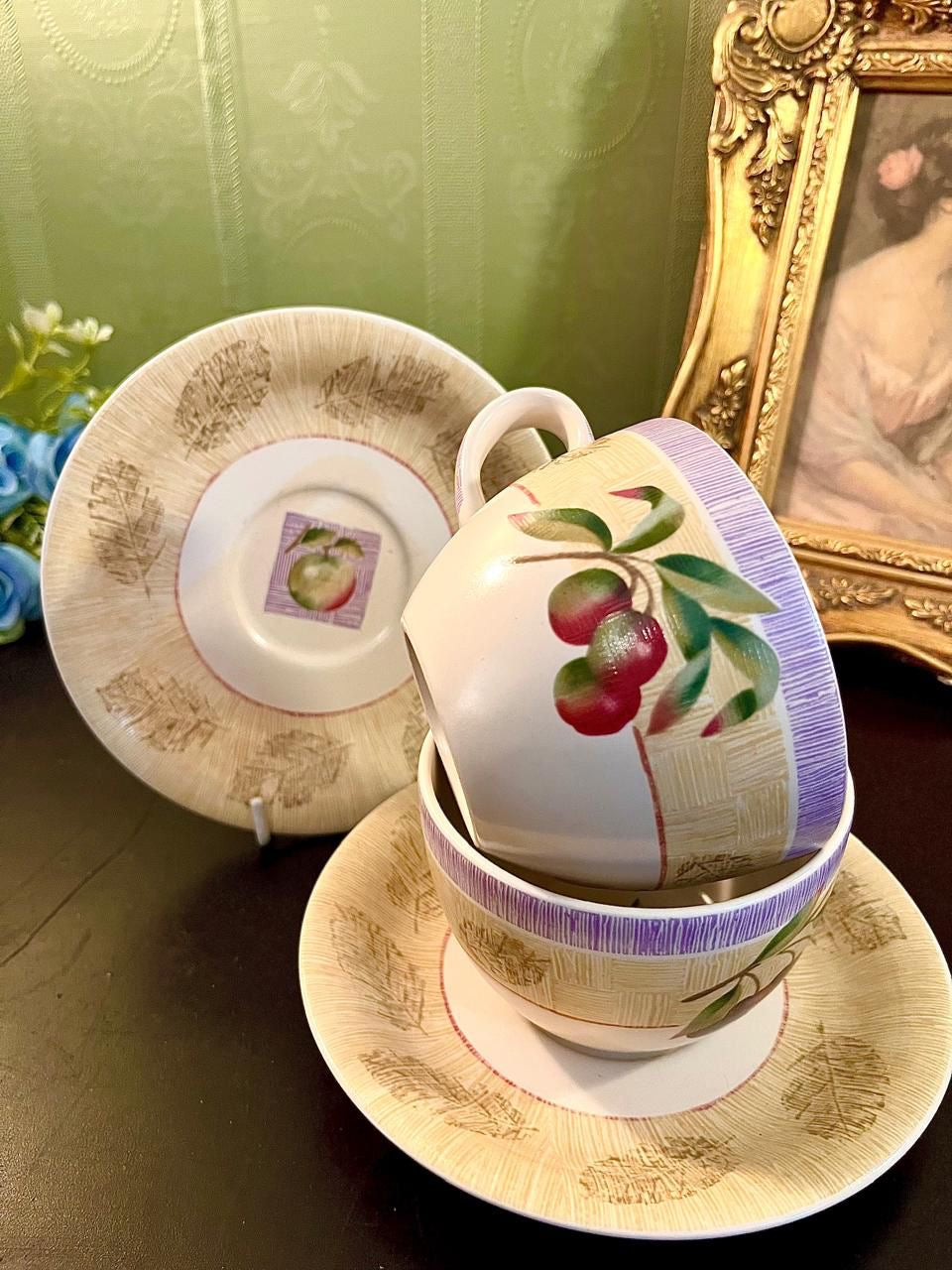 Set of 2 Vintage Fruit Tea Cup Saucer Sets