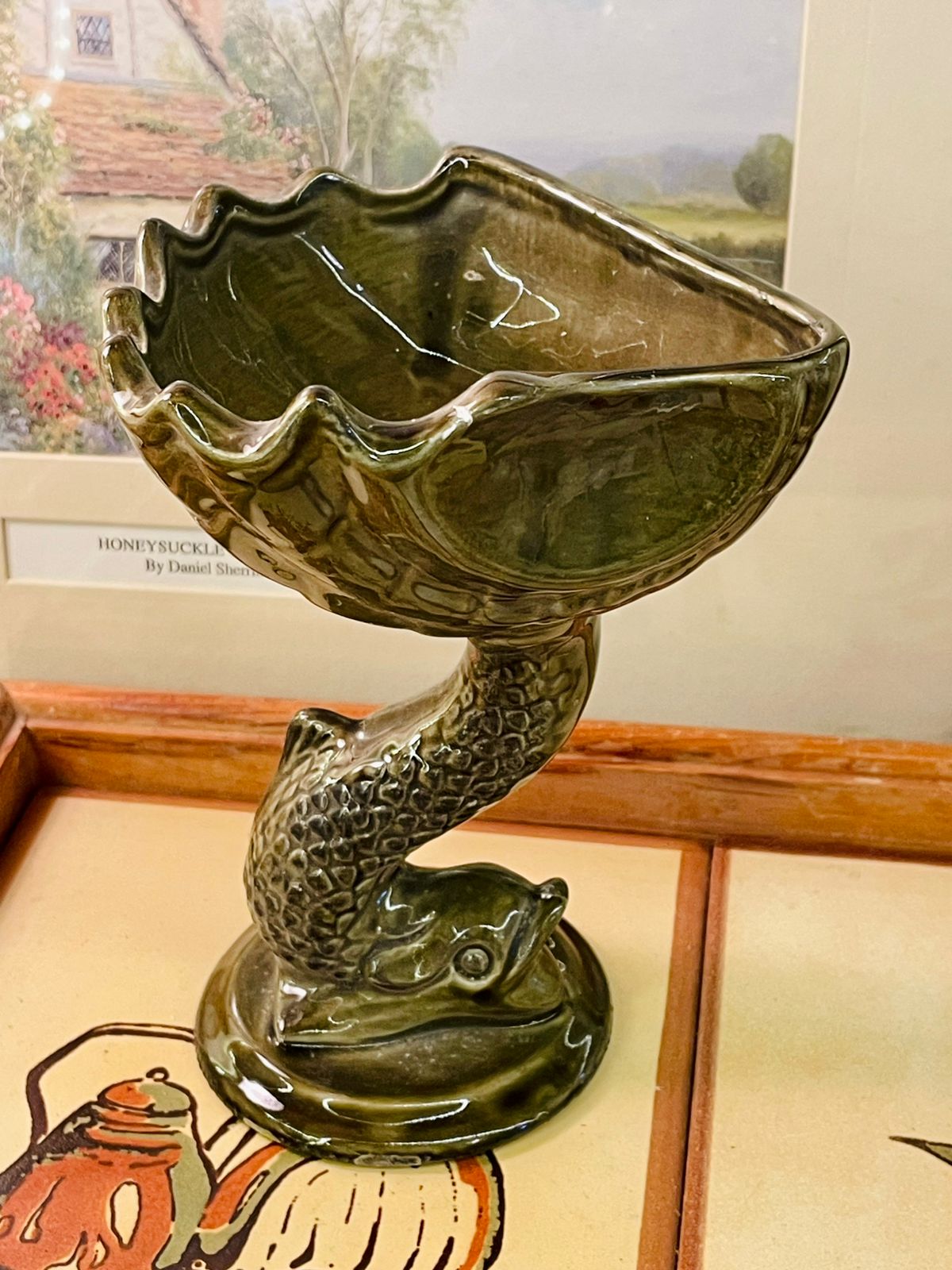 Vintage Dolphin Pedestal Dish – Green Glazed Ceramic Bowl