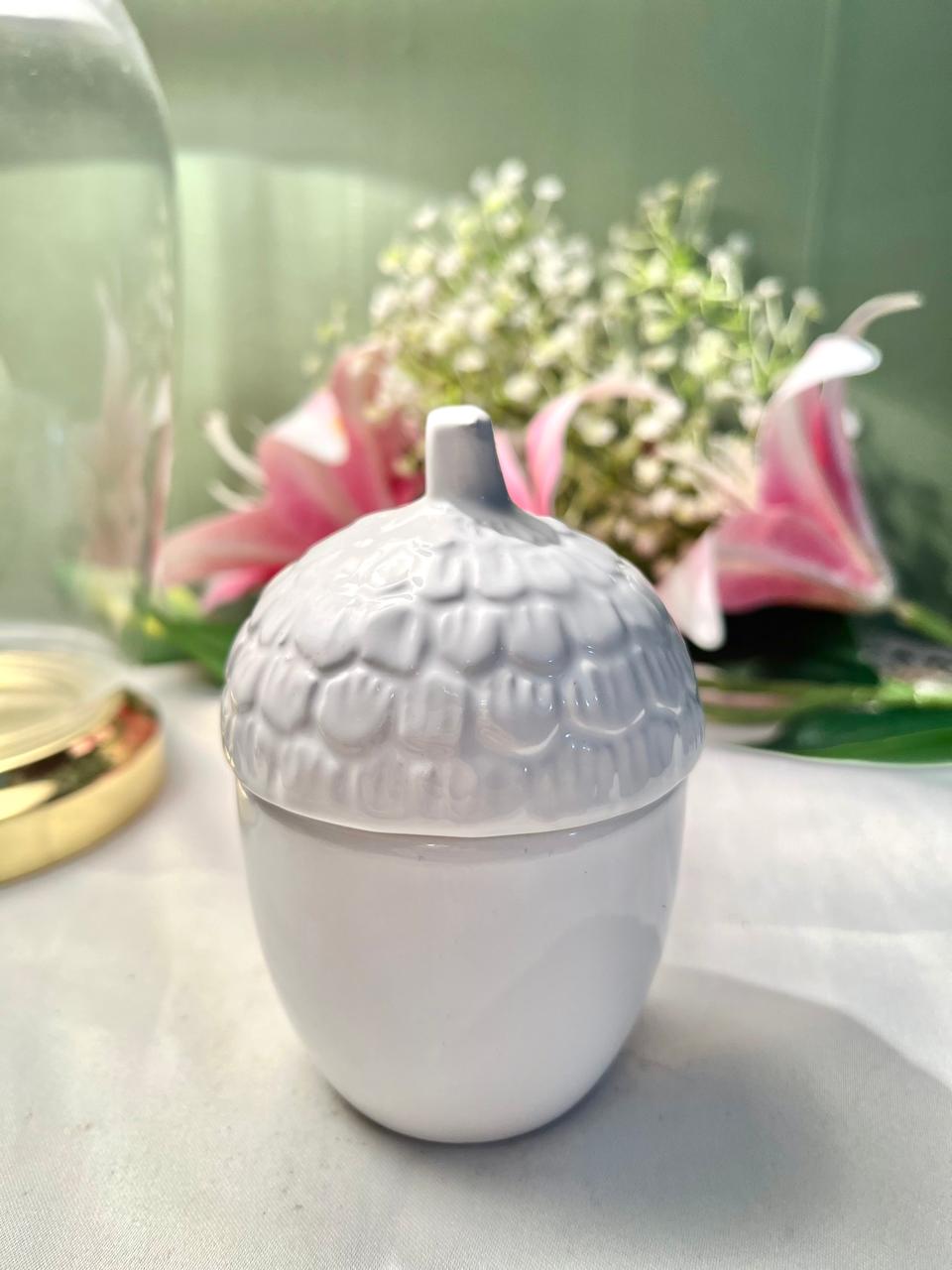 White Ceramic Acorn Lidded Jar 11cm