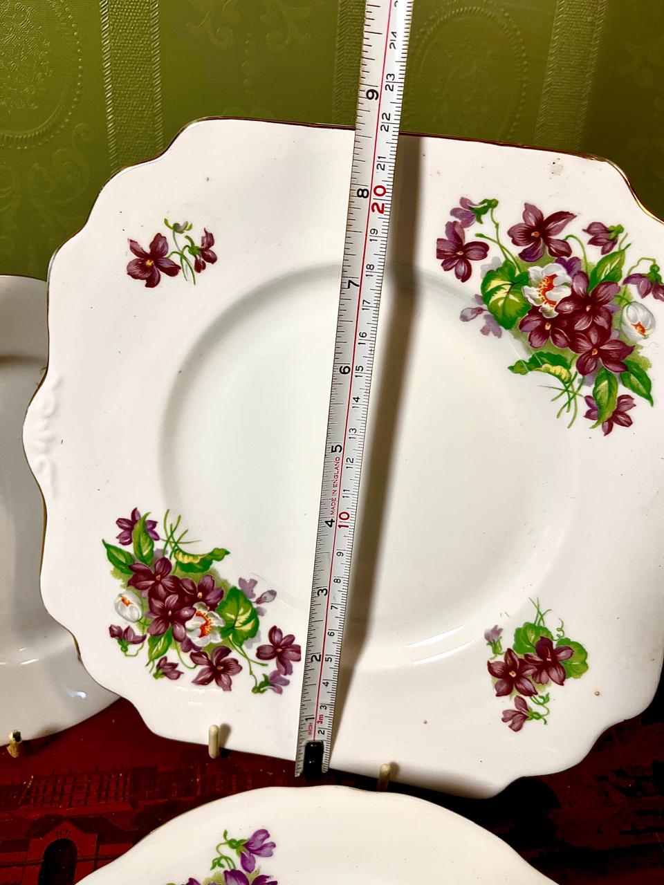 Fine Bone China Violet Floral Cake Set (Plater + Plates) | Made in England