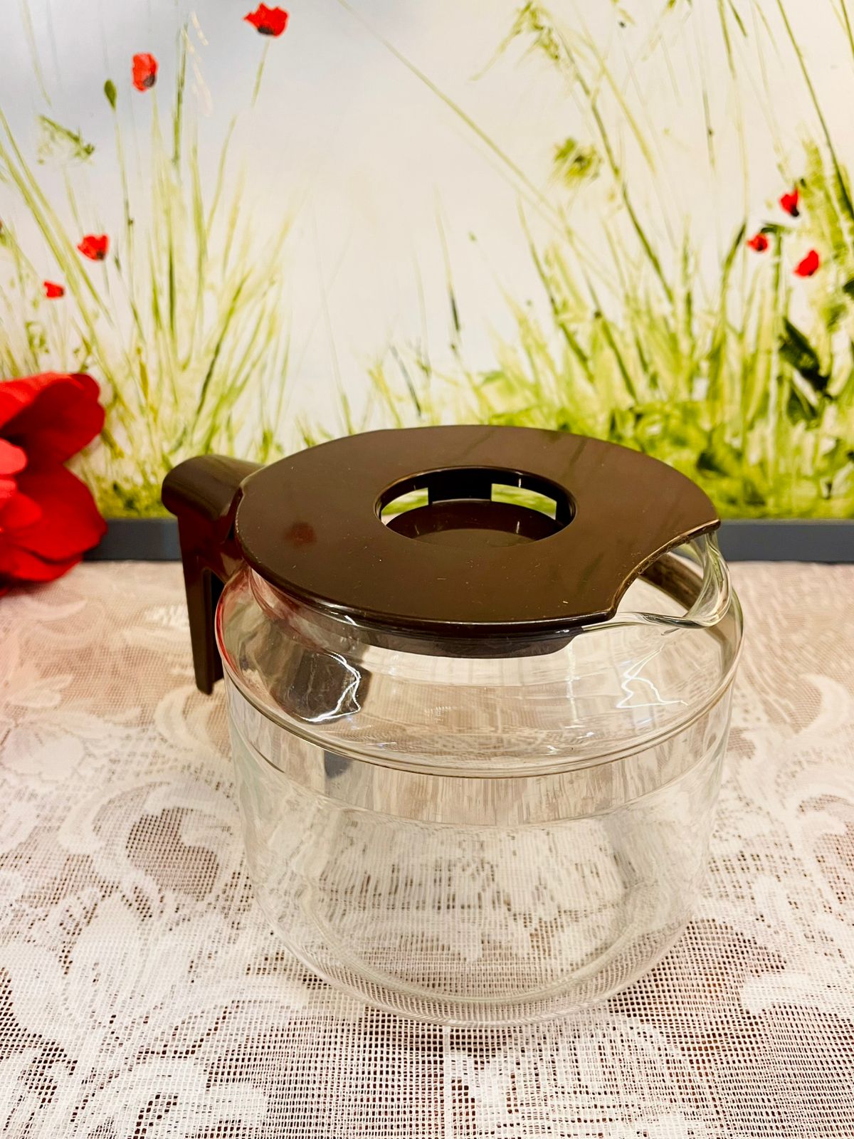 Vintage Glass Coffee Pot with Brown Lid and Handle