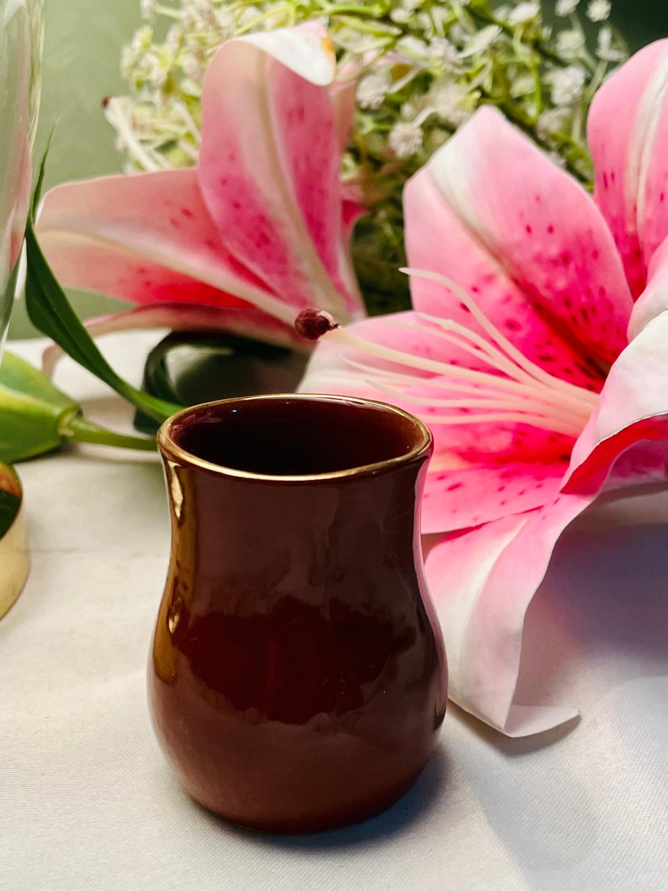Brown Ceramic Mini Vase with Gold Rim 7 cm