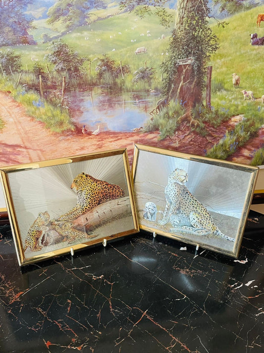 vintage leopard art frames, mirrored wildlife wall decor, england glass animal art, safari theme home decor, 3d mirror picture frame, golden frame vintage decor, collectible wall art pakistan, rare thrift finds, leopard cubs artwork, sunset kitchen vintage shop, wildlife collectible frames, european thrift decor