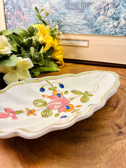Vintage French Hand-Painted Oval Faience Trinket Dish