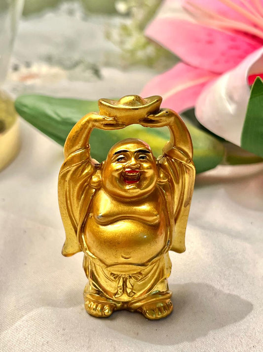 Golden Laughing Buddha Holding Gold Ingot Figurine – 3 Inches