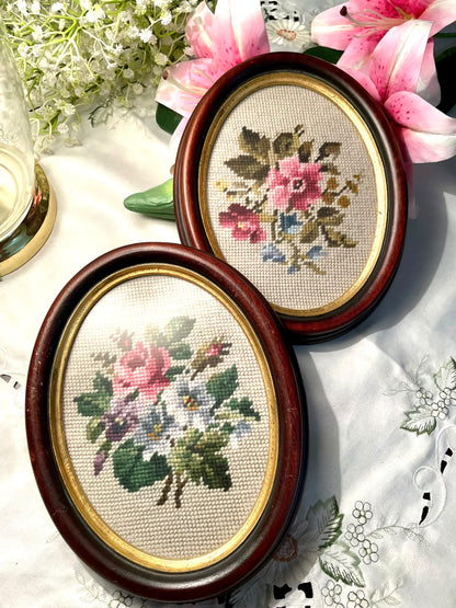vintage floral needlepoint or petit-point embroidery art pieces Oval Floral Cross-Stitch Wall Art – Set of 2, 9 in