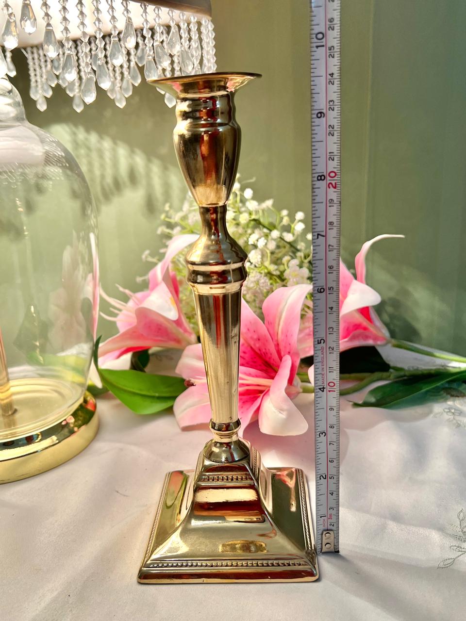 Vintage Brass Candlestick Holder – Tall Square Base Candle Stand – Approx. 24 cm
