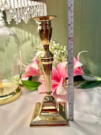 Vintage Brass Candlestick Holder – Tall Square Base Candle Stand – Approx. 24 cm