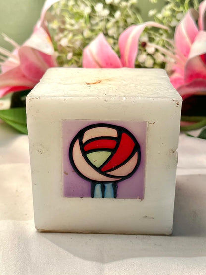 Vintage Cream Cube Candle with Abstract Floral Motif 10 cm