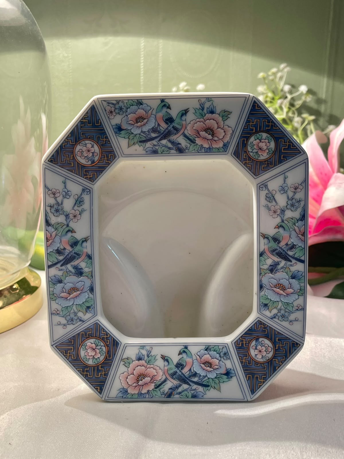 Vintage Japanese Peacock Floral Frame | Blue & Gold Decor Approx. 15 cm