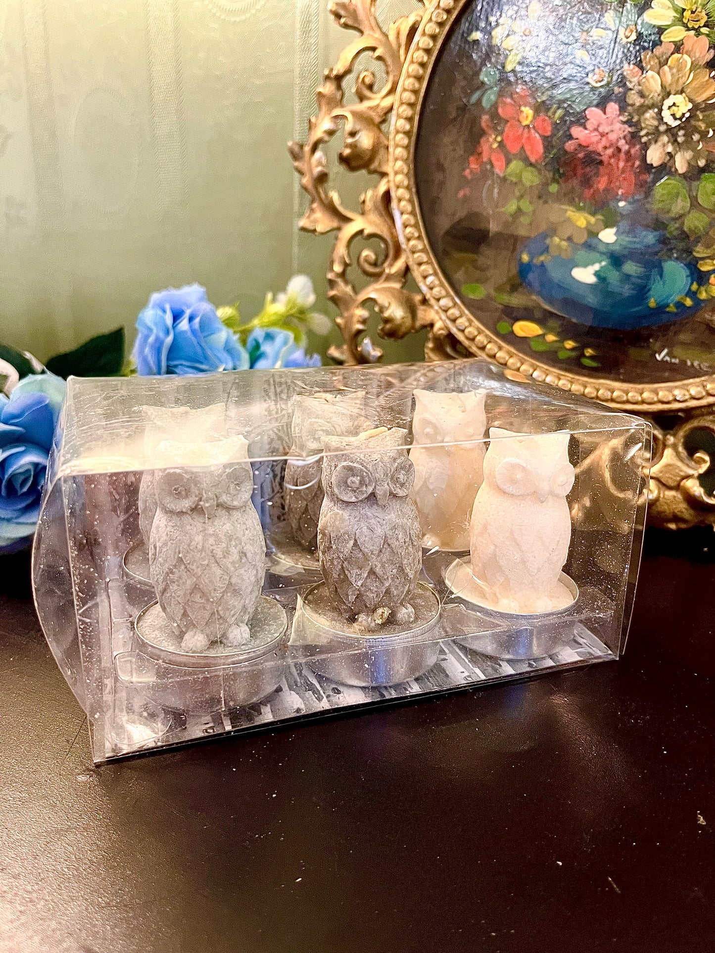 Set of 6 Owl Shaped Decorative Candles – Marble Effect Wax Tealight Candles