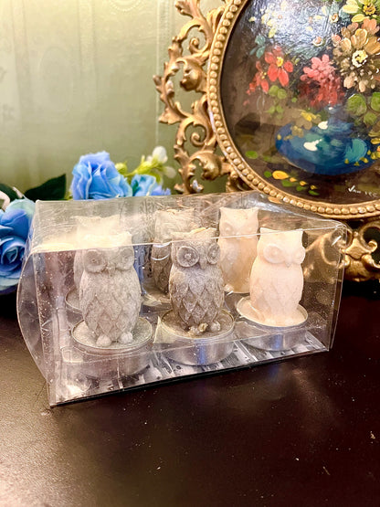 Set of 6 Owl Shaped Decorative Candles – Marble Effect Wax Tealight Candles