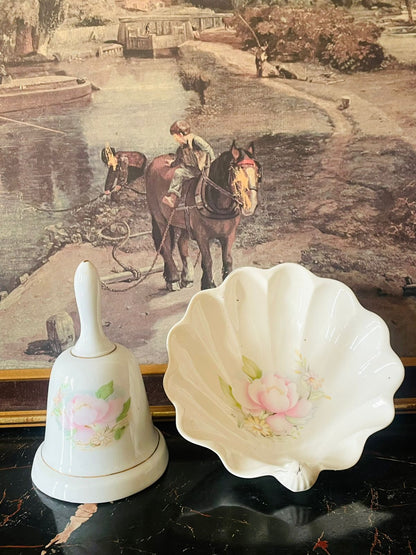 Vintage English Porcelain Bell & Shell Dish Set – Soft Pink Floral Design