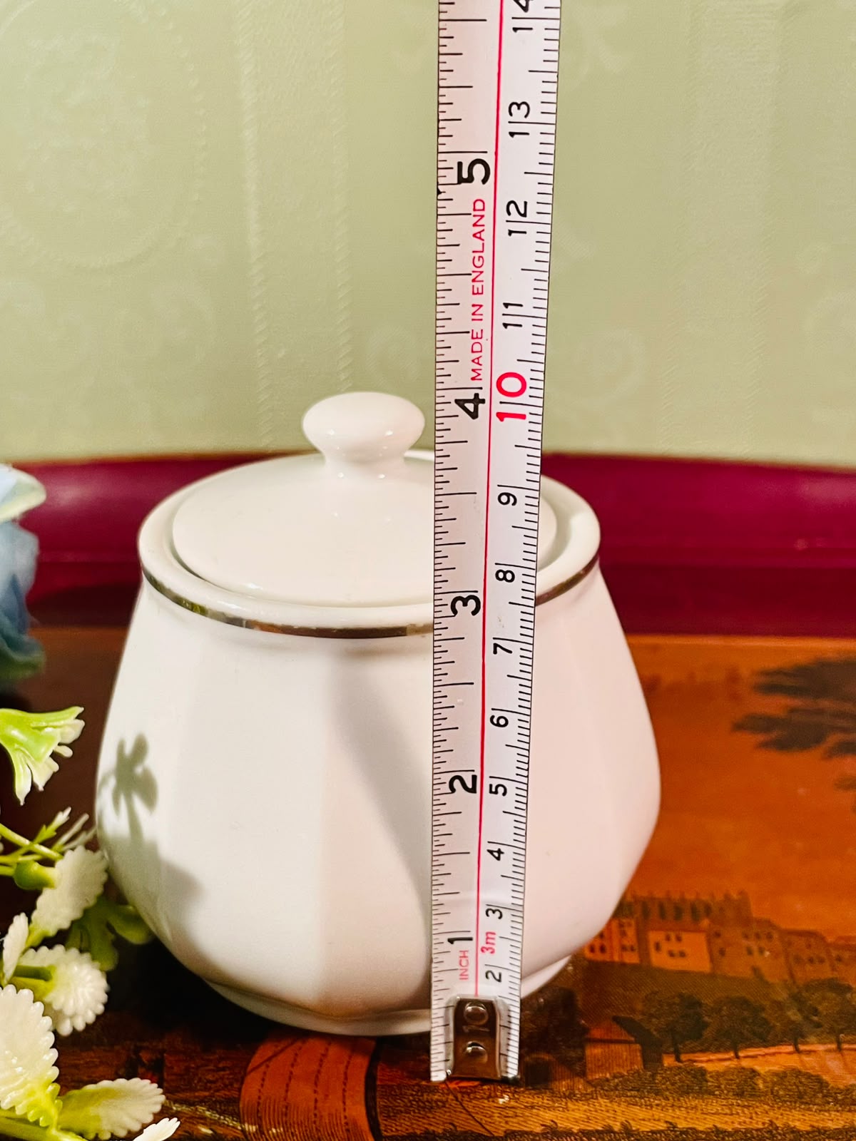 White Ceramic Lidded Jar with Gold Trim – 4 Inch