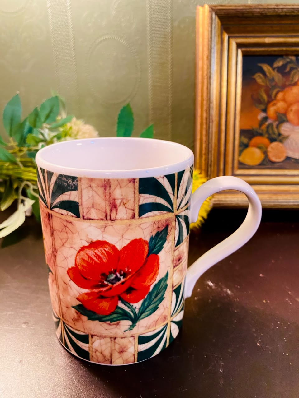 Red Poppy Floral Ceramic Mug 4 Inch Vintage Botanical Coffee Cup