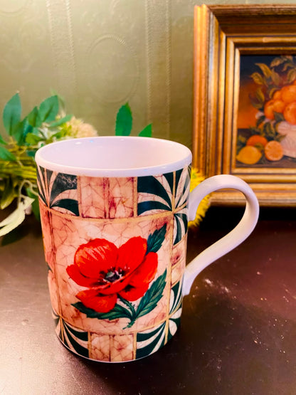 Red Poppy Floral Ceramic Mug 4 Inch Vintage Botanical Coffee Cup