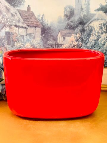 Modern Red Ceramic Planter Oval Glossy Statement Decor