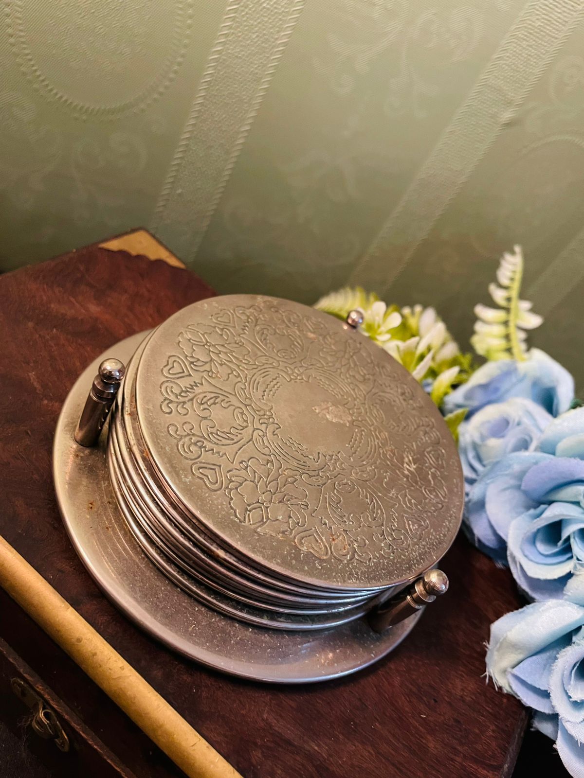 Vintage Silver Plated Coaster Set with Holder 4 Inch