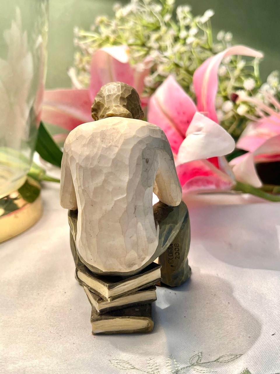 Seated Reader Figurine with Books Neutral Decor 10cm