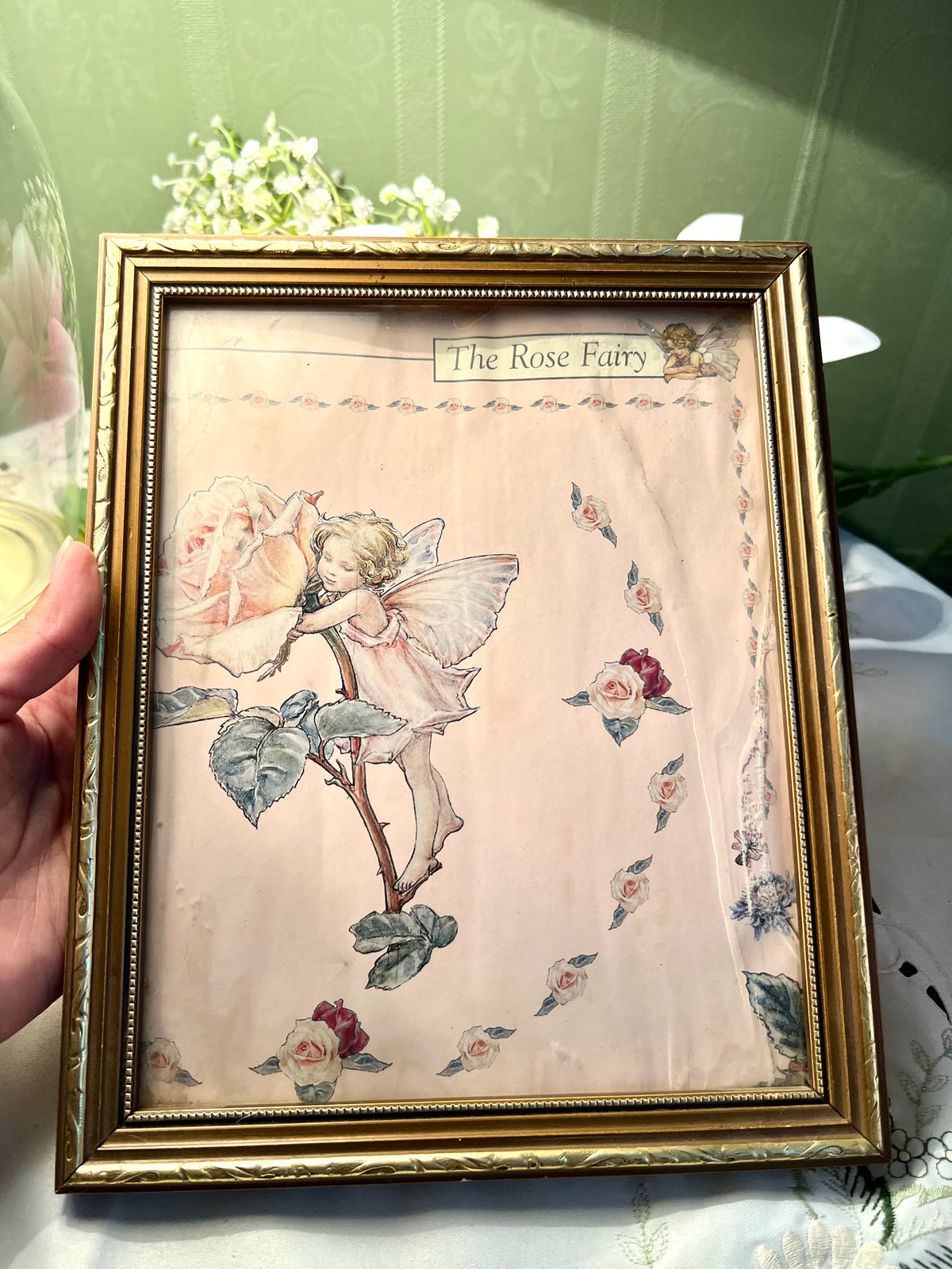 Vintage Rose Fairy Framed Print Gold-Tone Frame 26cm