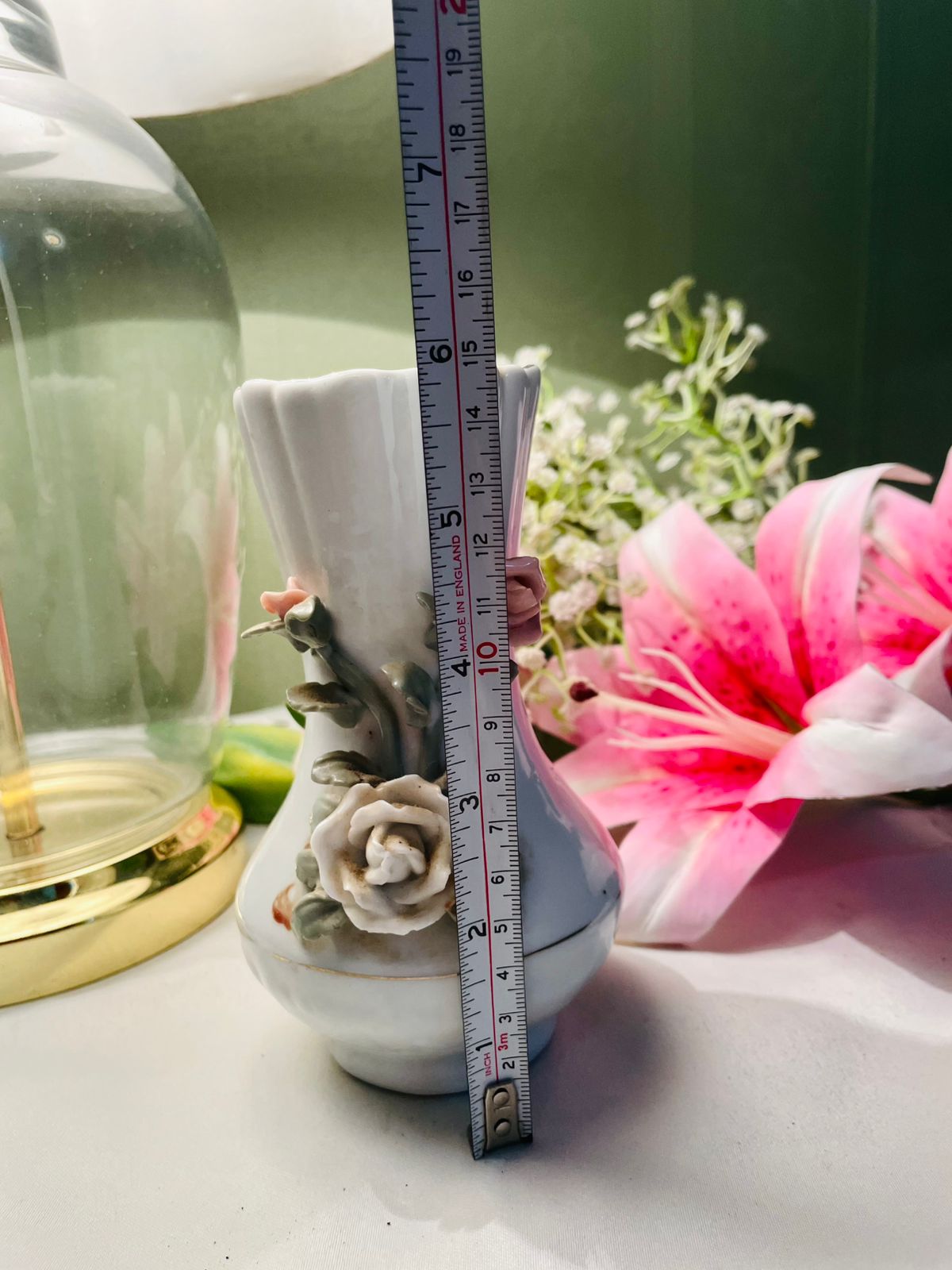 Vintage White Ceramic Floral Vase Raised Roses 15 cm