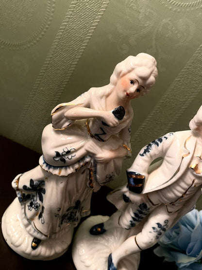 Vintage Porcelain Couple Figurines Blue Floral 6 Inch