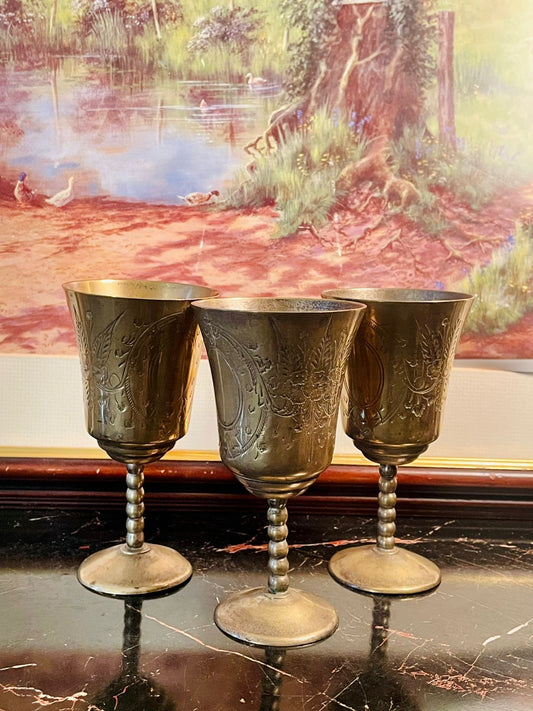 Brass wine goblets, vintage brass cups, antique wine glasses, decorative goblets, brass drinking cups, collectible goblets Pakistan, retro brass stemware, engraved brass wine set, brass glass decoration, wine goblets for sale Pakistan