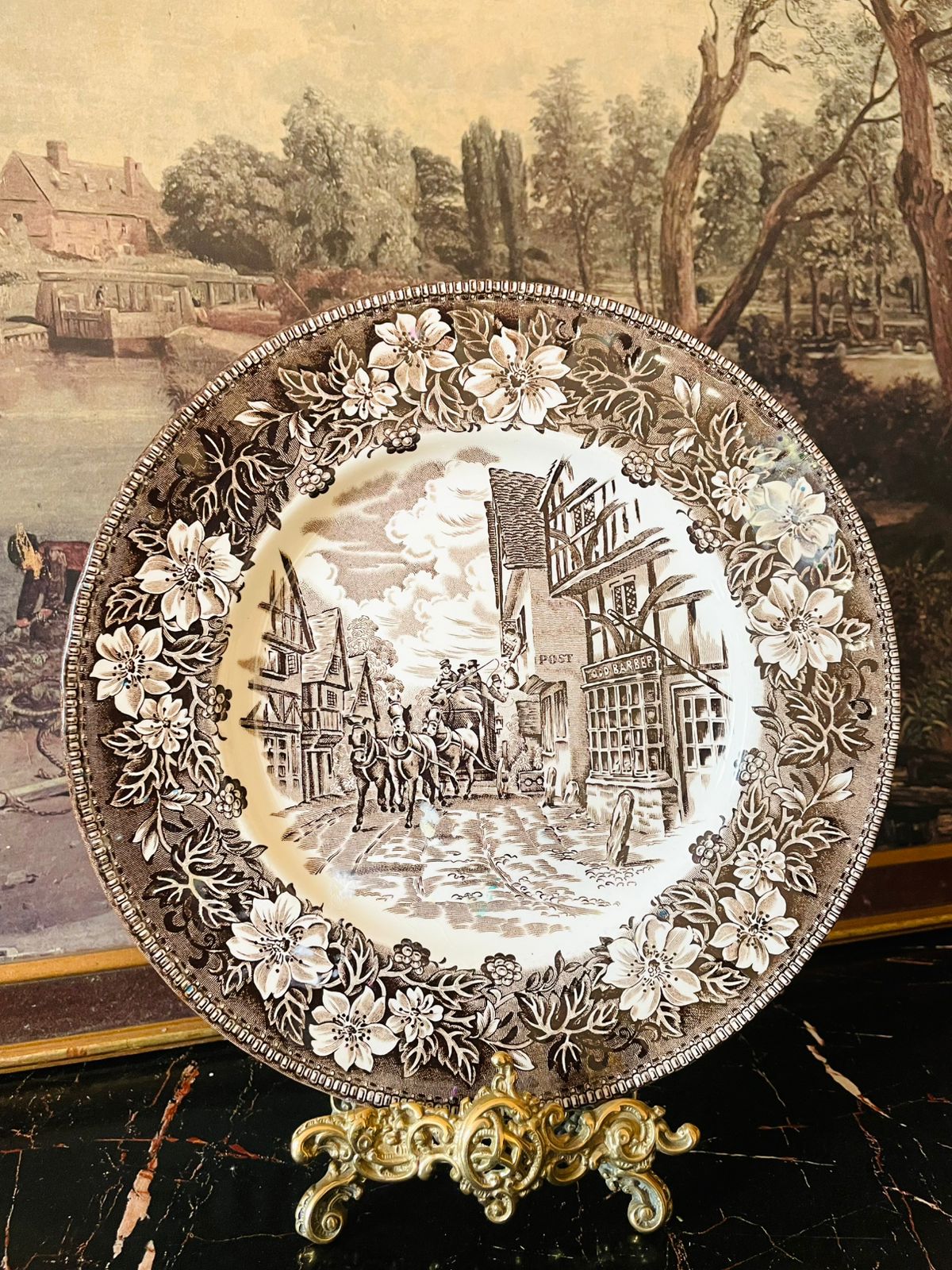 Royal Tudor Ware plate, Coaching Taverns 1828, Staffordshire England pottery, brown transferware, English country decor, vintage horse carriage plate, collectible English pottery, heritage Staffordshire ware, rare thrift finds, vintage British tableware