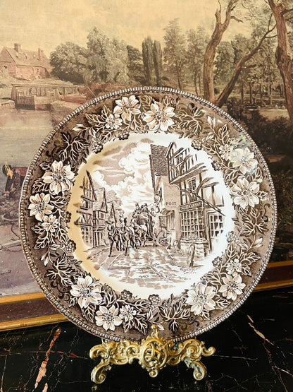 Royal Tudor Ware plate, Coaching Taverns 1828, Staffordshire England pottery, brown transferware, English country decor, vintage horse carriage plate, collectible English pottery, heritage Staffordshire ware, rare thrift finds, vintage British tableware