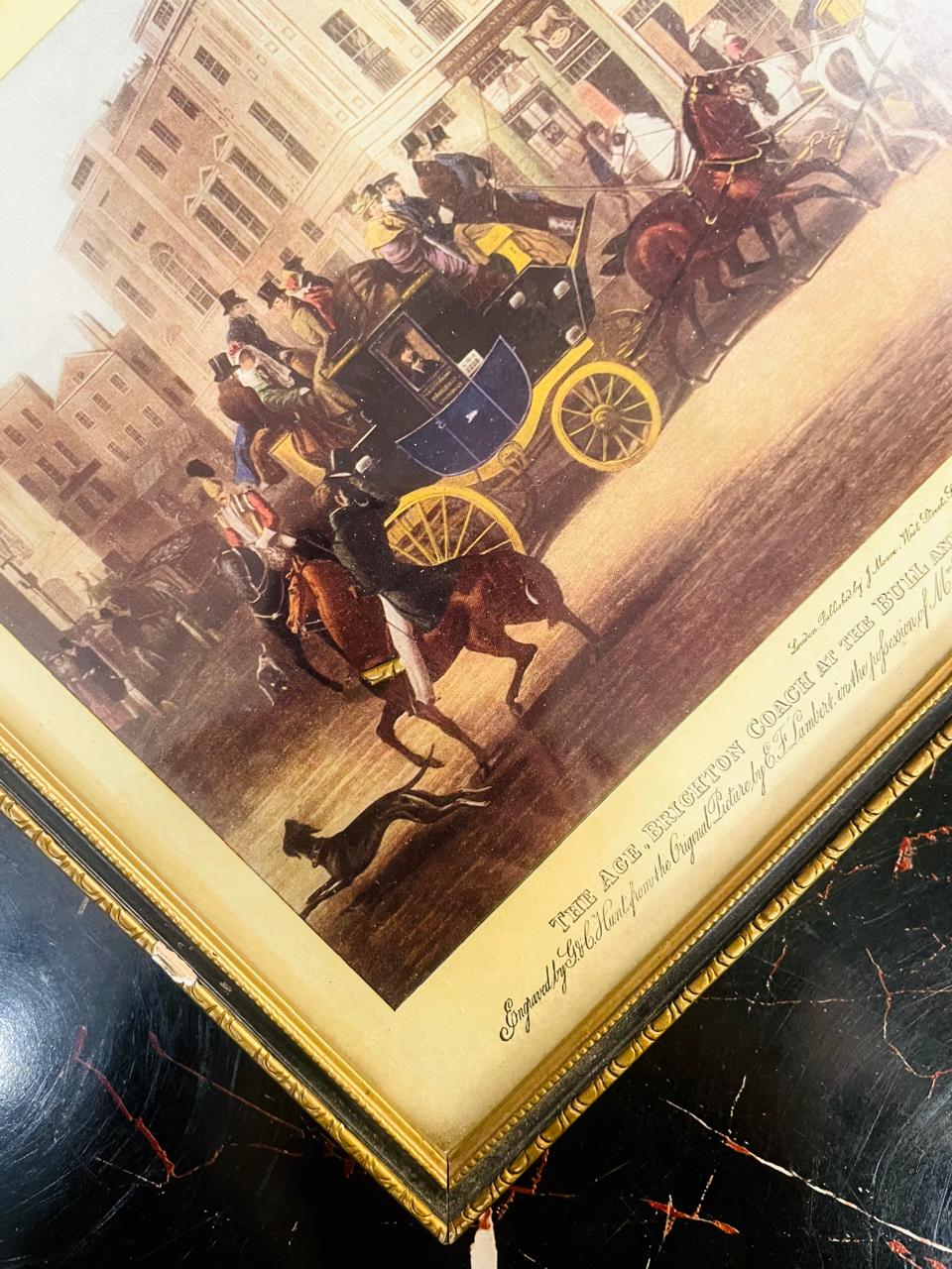 Vintage Stagecoach Painting Framed Victorian Street Scene Art