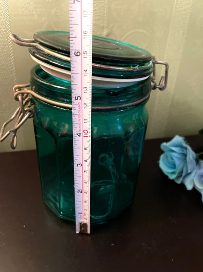 Vintage Teal Glass Clip Top Storage Jar 6 Inch