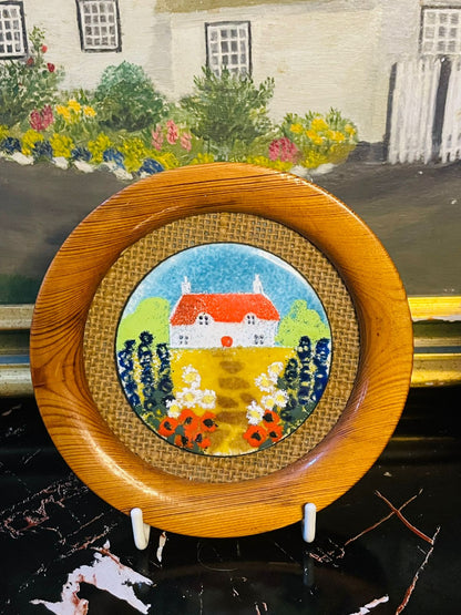 Set of 2 Vintage Wooden Wall Plates – Cottage & Windmill Scenic Ceramic Inserts