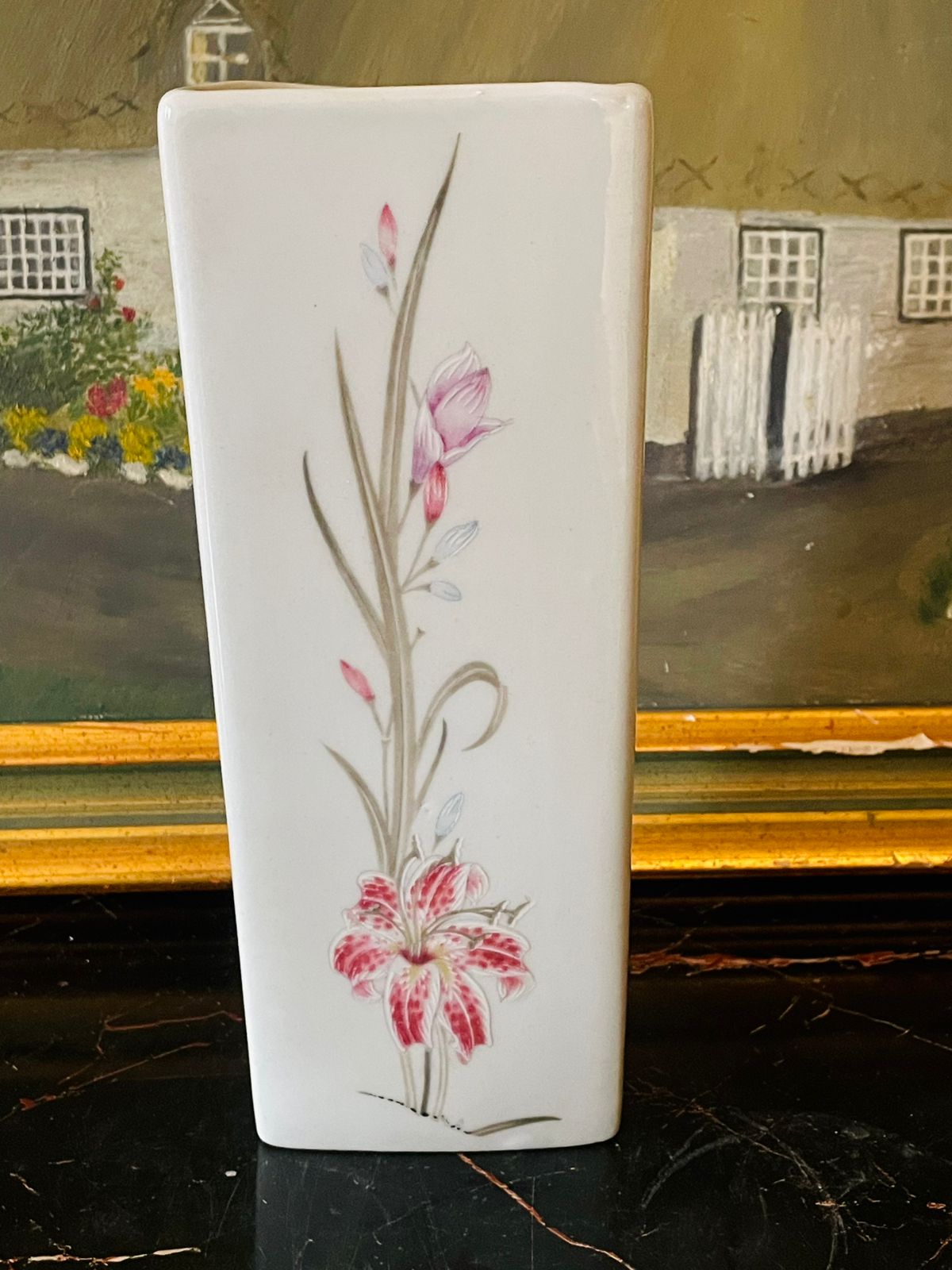 Vintage English Porcelain Wall Vase – Pastel Blue & Pink Floral, 8 Inch