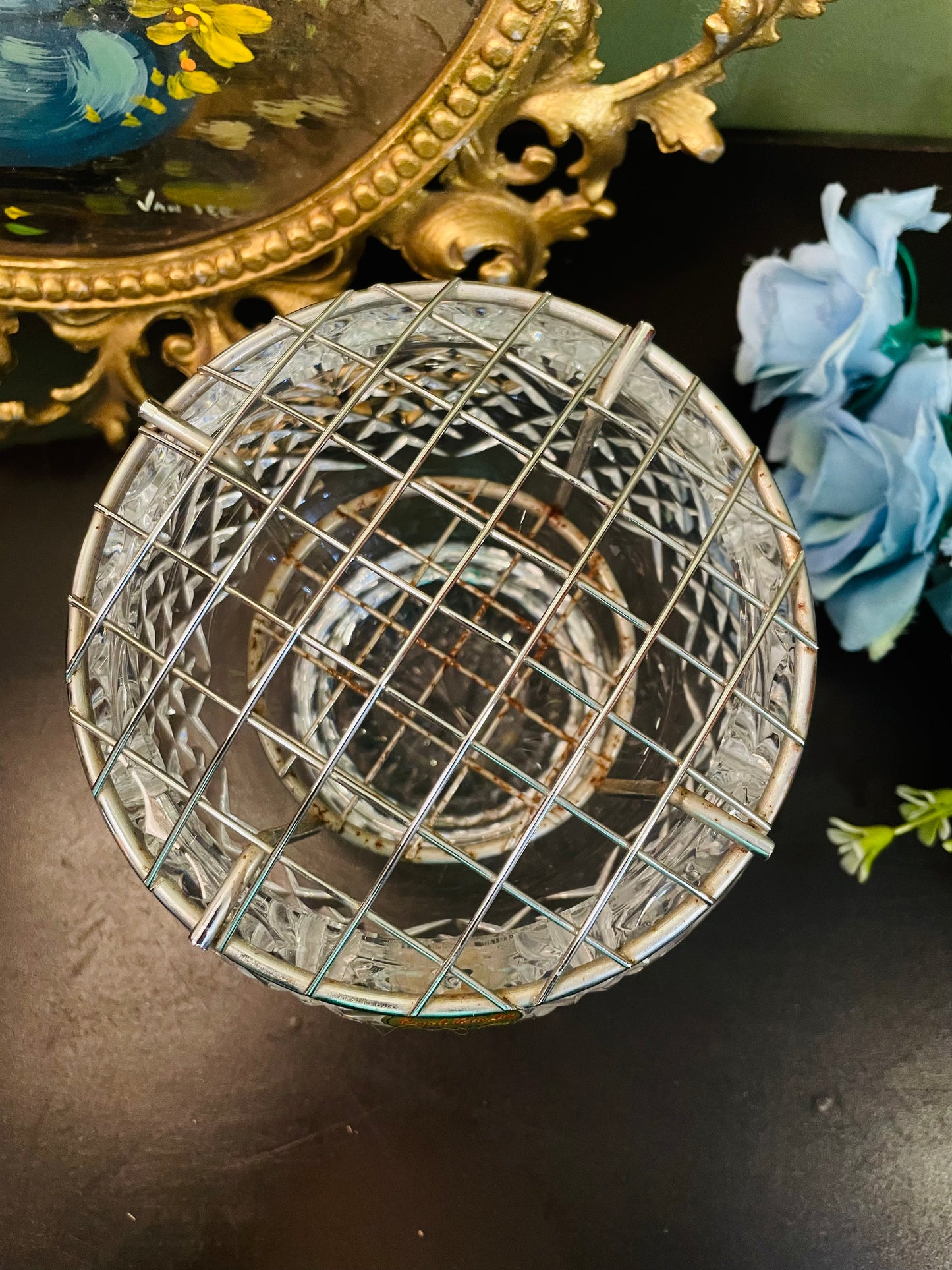 Royal Brierley Crystal Rose Bowl with Flower Grid
