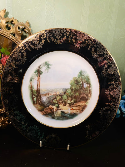Vintage Black & Gold Landscape Decorative Plate