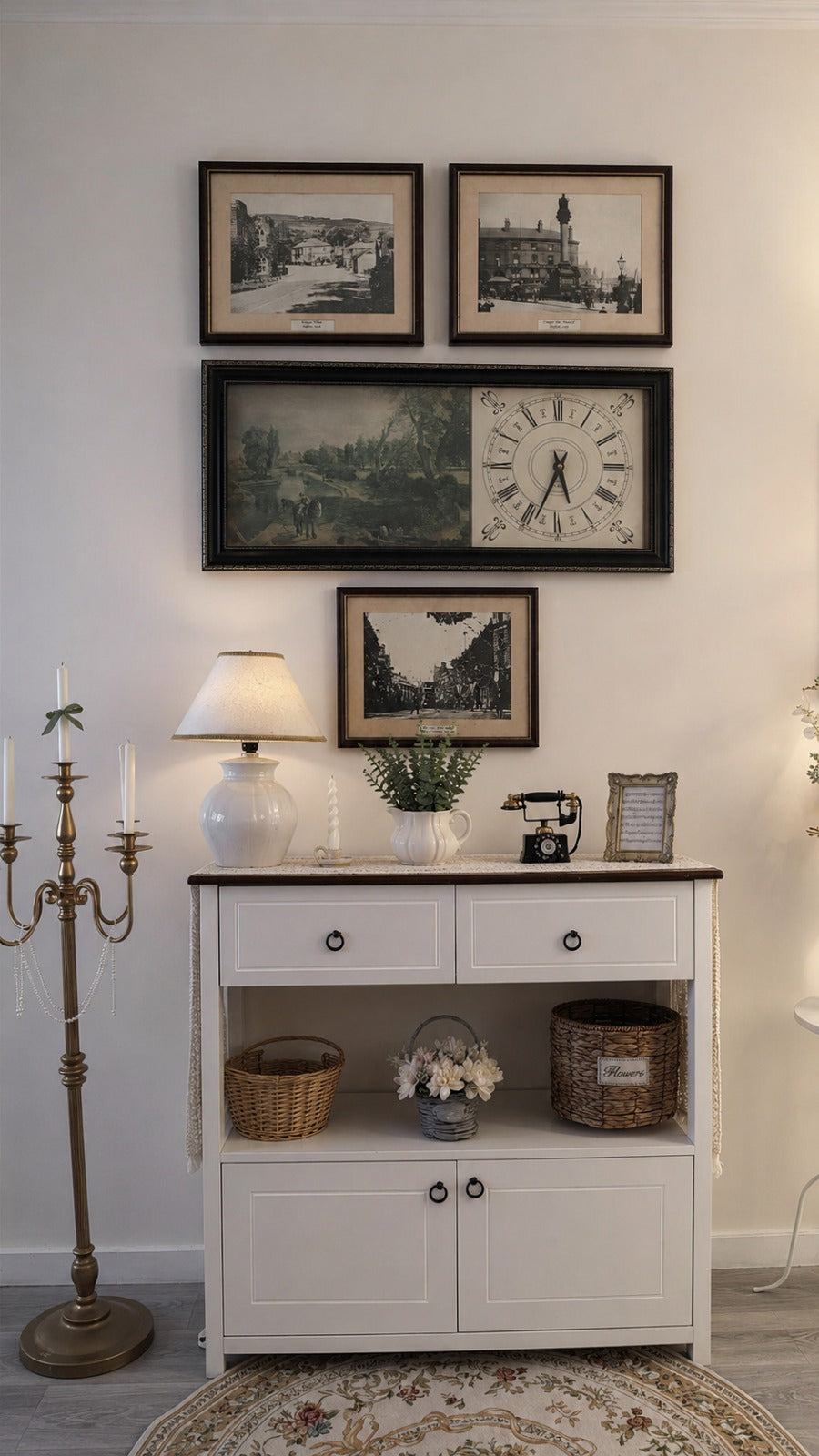 vintage wall gallery set, Sheffield heritage wall art, gallery wall with clock, vintage framed prints, British heritage decor, farmhouse wall gallery, cottagecore wall decor, vintage wall clock display, historical Sheffield prints, traditional wall art set
