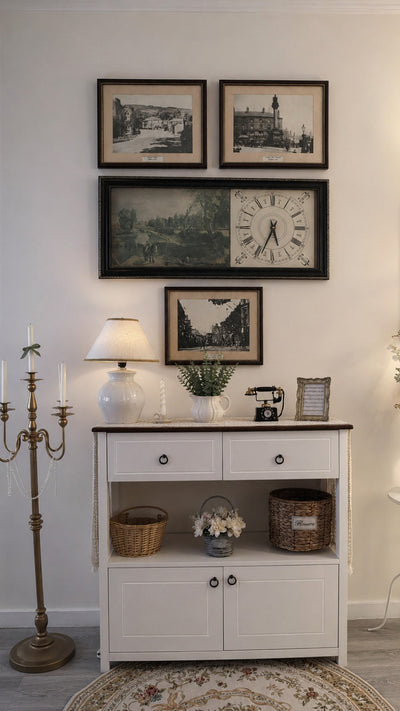 vintage wall gallery set, Sheffield heritage wall art, gallery wall with clock, vintage framed prints, British heritage decor, farmhouse wall gallery, cottagecore wall decor, vintage wall clock display, historical Sheffield prints, traditional wall art set