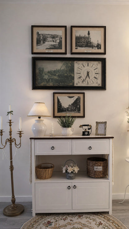 vintage wall gallery set, Sheffield heritage wall art, gallery wall with clock, vintage framed prints, British heritage decor, farmhouse wall gallery, cottagecore wall decor, vintage wall clock display, historical Sheffield prints, traditional wall art set